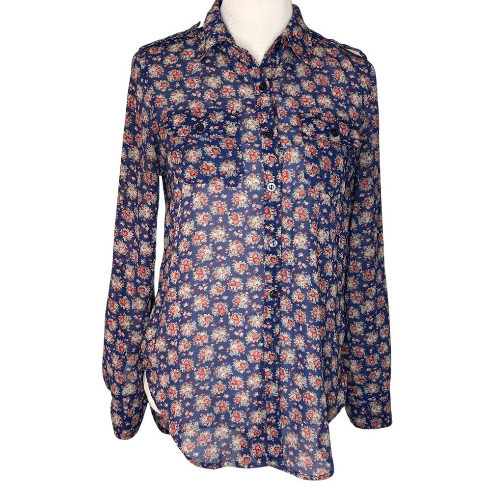 Unbranded Navy Blue Floral Sheer Button Down Blouse Cottagecore Rose Print Top